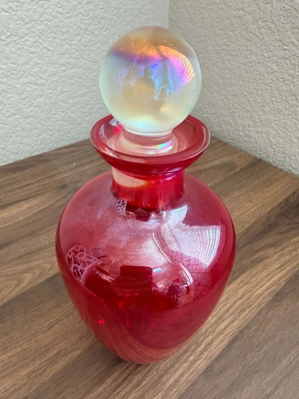 Vintage Red Art Glass Perfume Bottle with Iridescent Ball Stopper